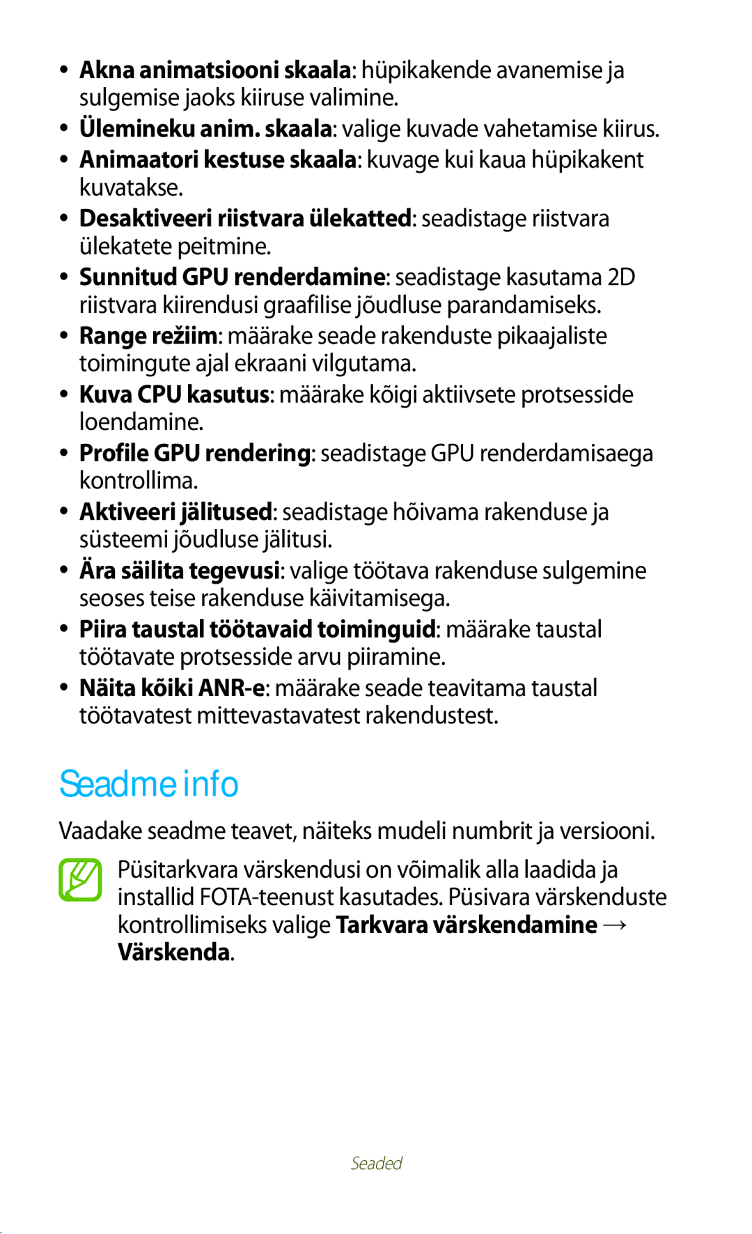 Samsung GT-P5100TSASEB, GT-P5100ZWASEB manual Seadme info, Ülemineku anim. skaala valige kuvade vahetamise kiirus 