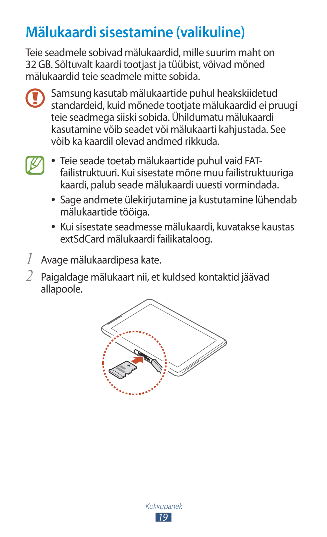 Samsung GT-P5100TSASEB, GT-P5100ZWASEB manual Mälukaardi sisestamine valikuline 