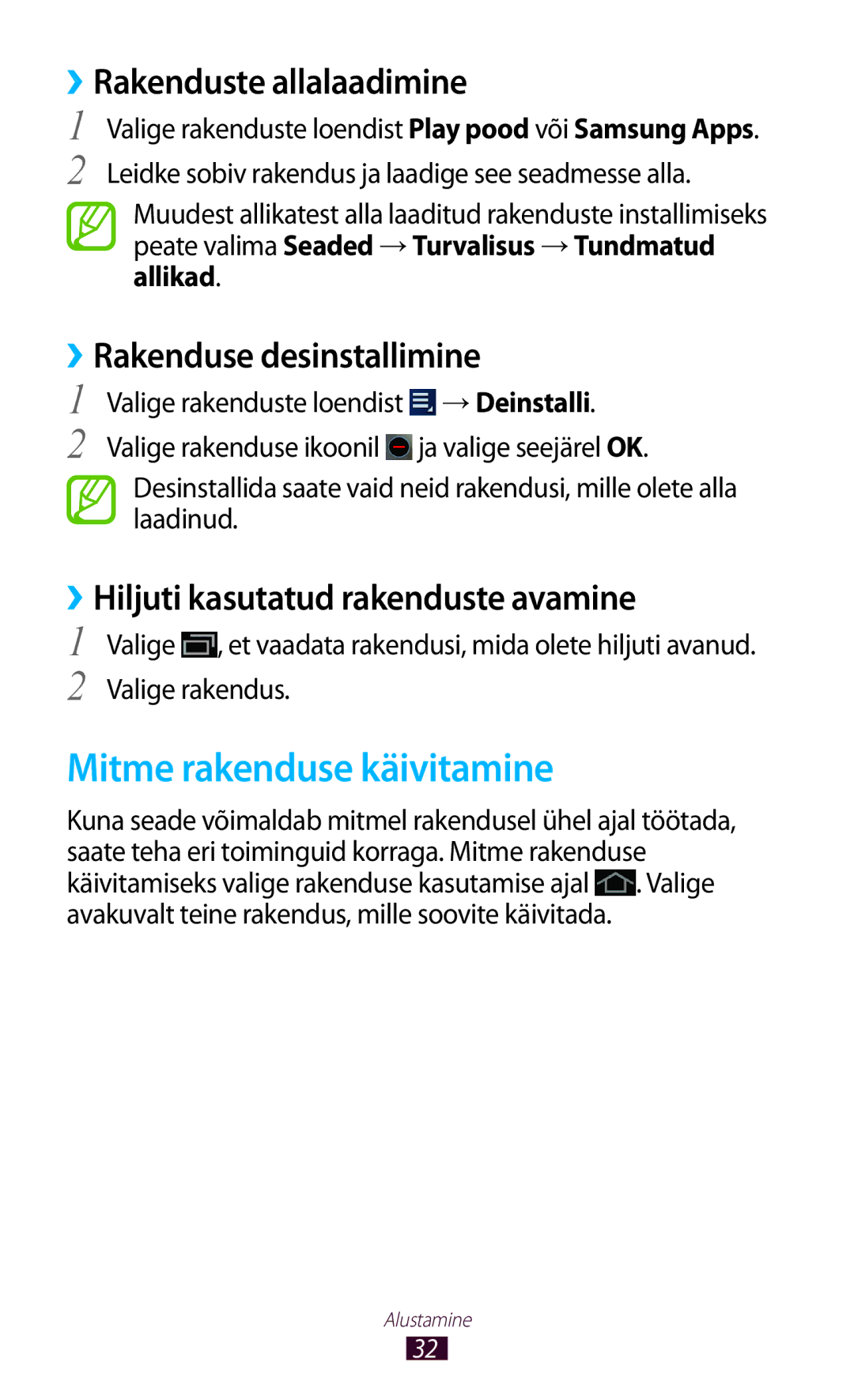 Samsung GT-P5100ZWASEB manual Mitme rakenduse käivitamine, ››Rakenduste allalaadimine, ››Rakenduse desinstallimine 