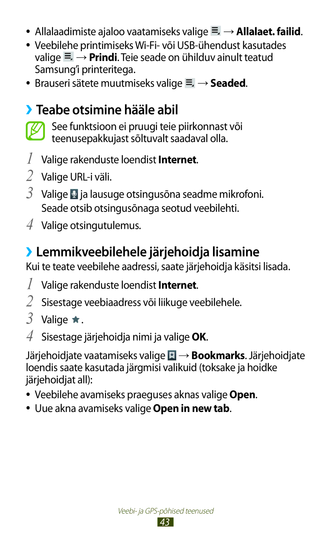 Samsung GT-P5100TSASEB manual ››Teabe otsimine hääle abil, ››Lemmikveebilehele järjehoidja lisamine, Valige otsingutulemus 