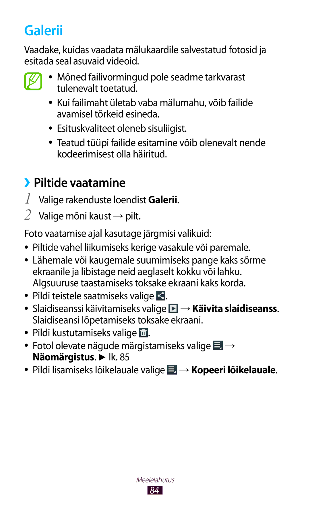 Samsung GT-P5100ZWASEB manual Galerii, ››Piltide vaatamine, Slaidiseansi lõpetamiseks toksake ekraani, Näomärgistus. lk 