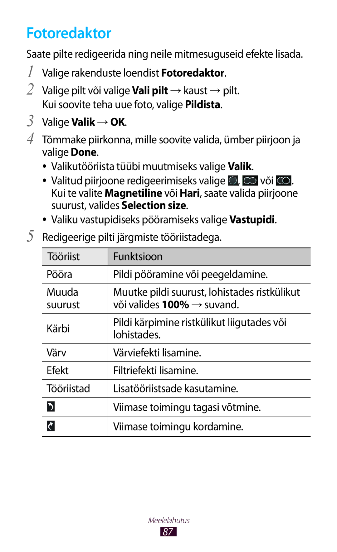 Samsung GT-P5100TSASEB, GT-P5100ZWASEB manual Valige rakenduste loendist Fotoredaktor 