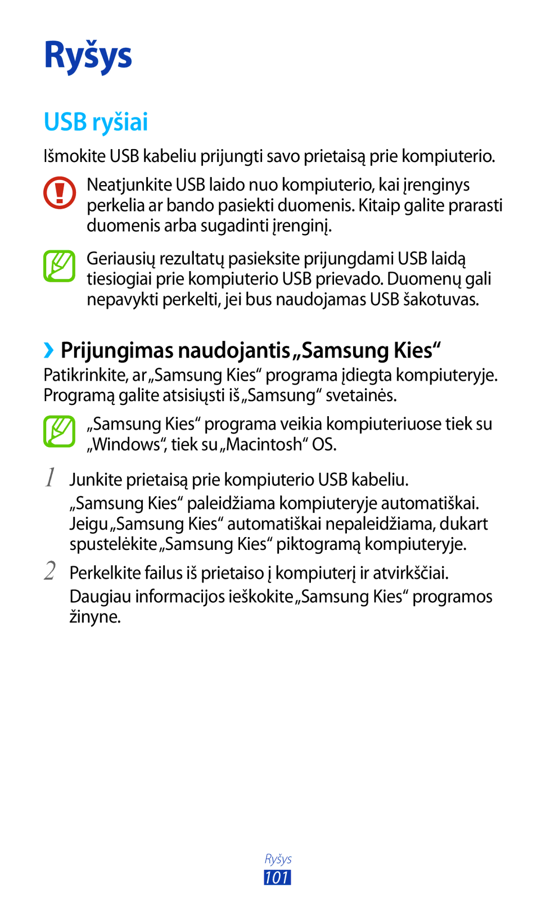 Samsung GT-P5100TSASEB, GT-P5100ZWASEB manual USB ryšiai, ››Prijungimas naudojantis„Samsung Kies 