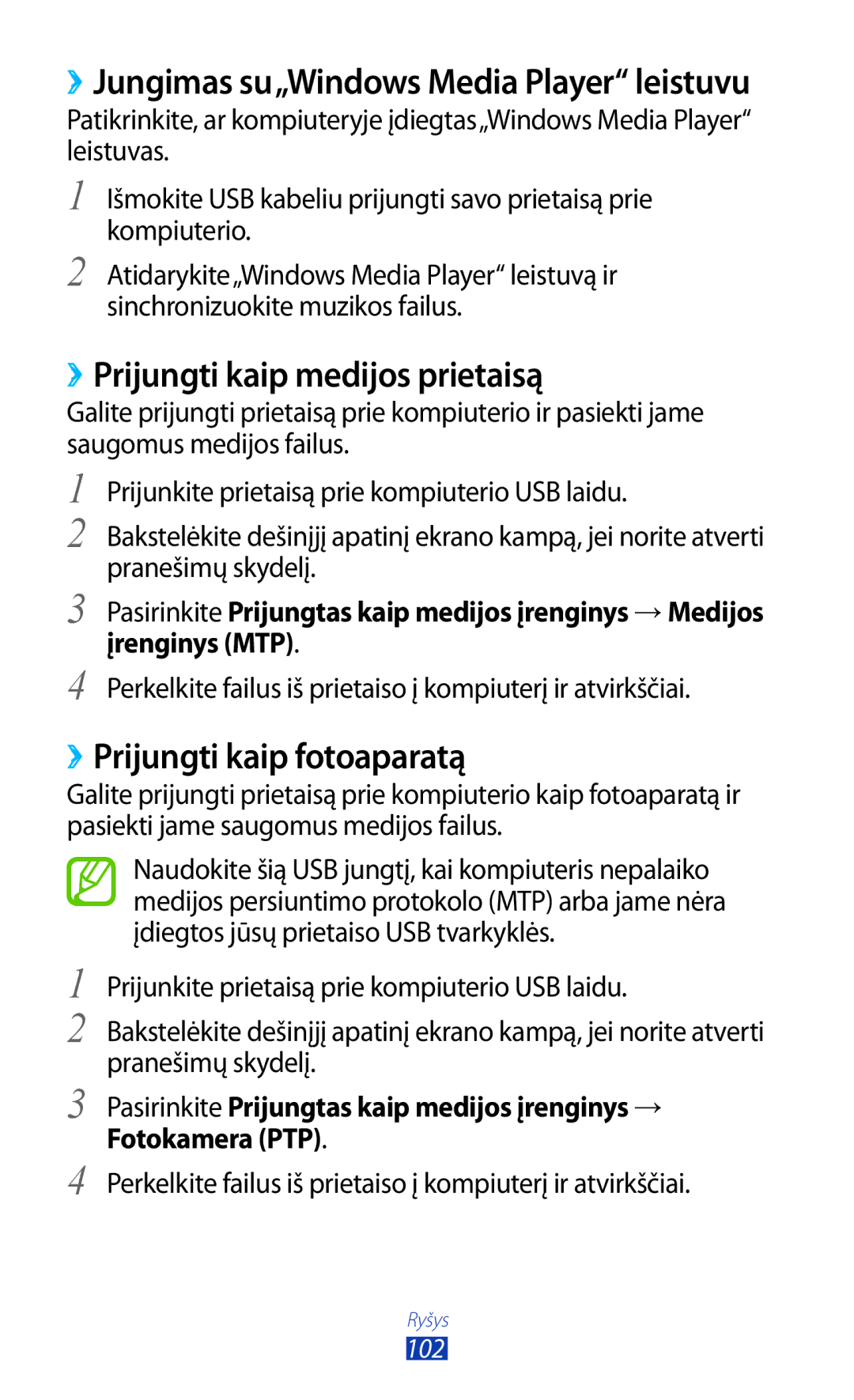 Samsung GT-P5100ZWASEB, GT-P5100TSASEB manual ››Prijungti kaip medijos prietaisą, ››Prijungti kaip fotoaparatą 