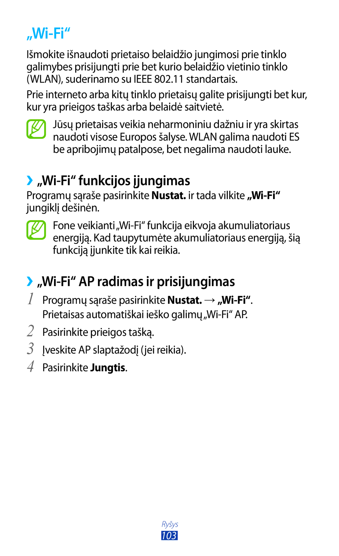 Samsung GT-P5100TSASEB, GT-P5100ZWASEB manual ››„Wi-Fi funkcijos įjungimas, ››„Wi-Fi AP radimas ir prisijungimas 