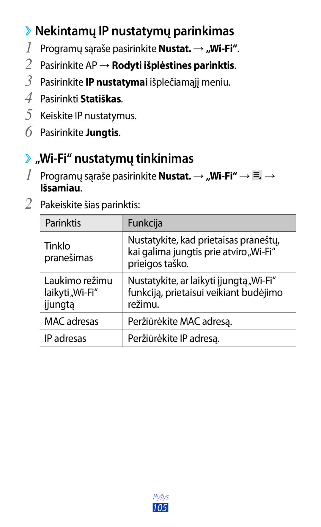 Samsung GT-P5100TSASEB, GT-P5100ZWASEB manual ››Nekintamų IP nustatymų parinkimas, ››„Wi-Fi nustatymų tinkinimas, Išsamiau 