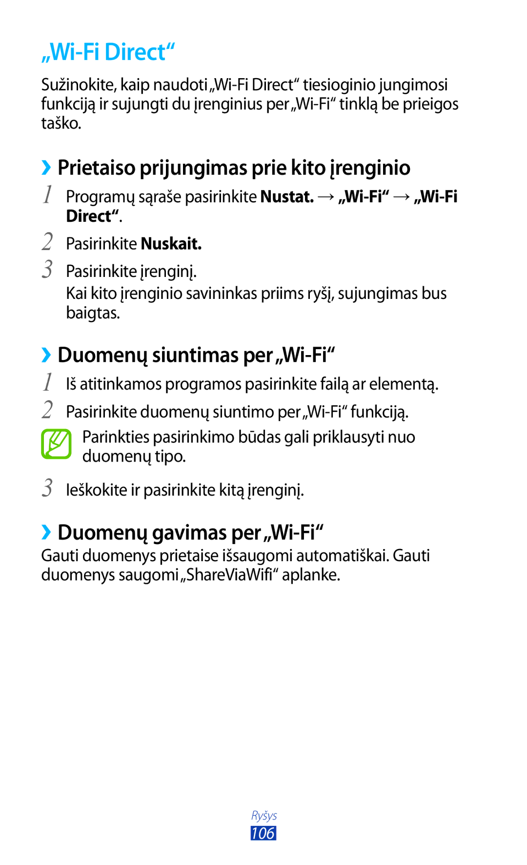 Samsung GT-P5100ZWASEB manual „Wi-Fi Direct, ››Prietaiso prijungimas prie kito įrenginio, ››Duomenų siuntimas per„Wi-Fi 