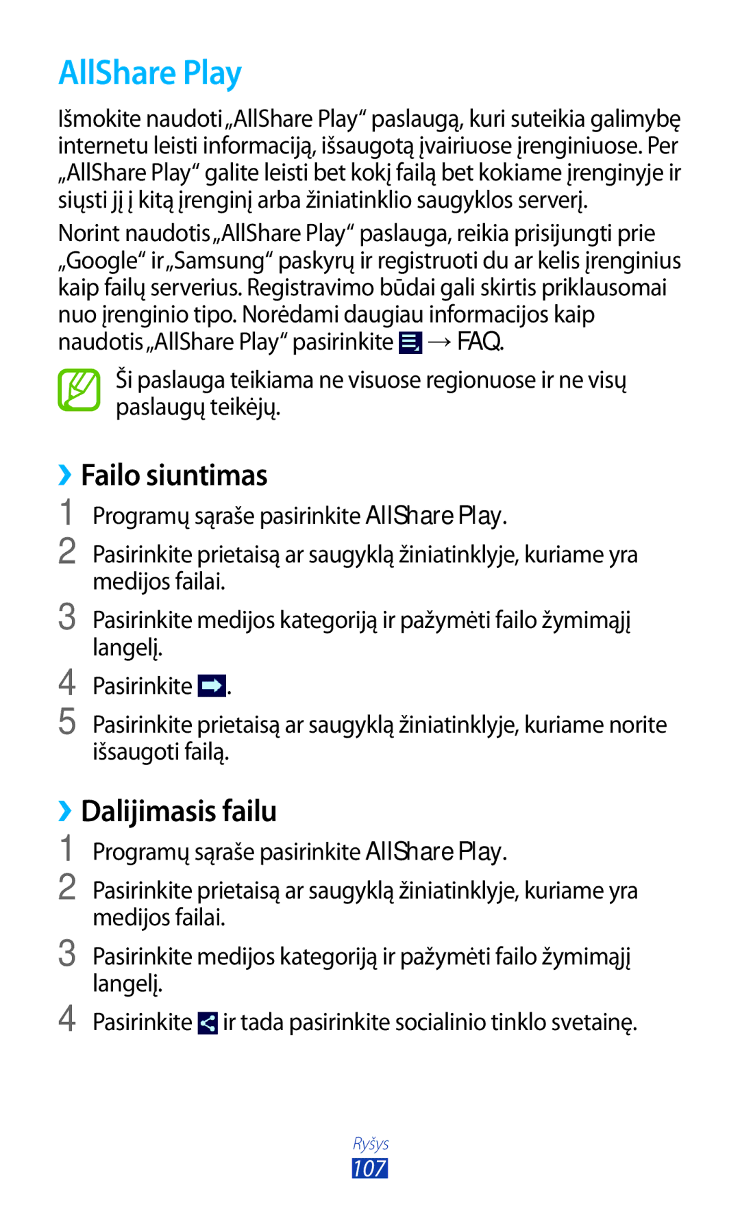 Samsung GT-P5100TSASEB, GT-P5100ZWASEB manual AllShare Play, ››Failo siuntimas, ››Dalijimasis failu 