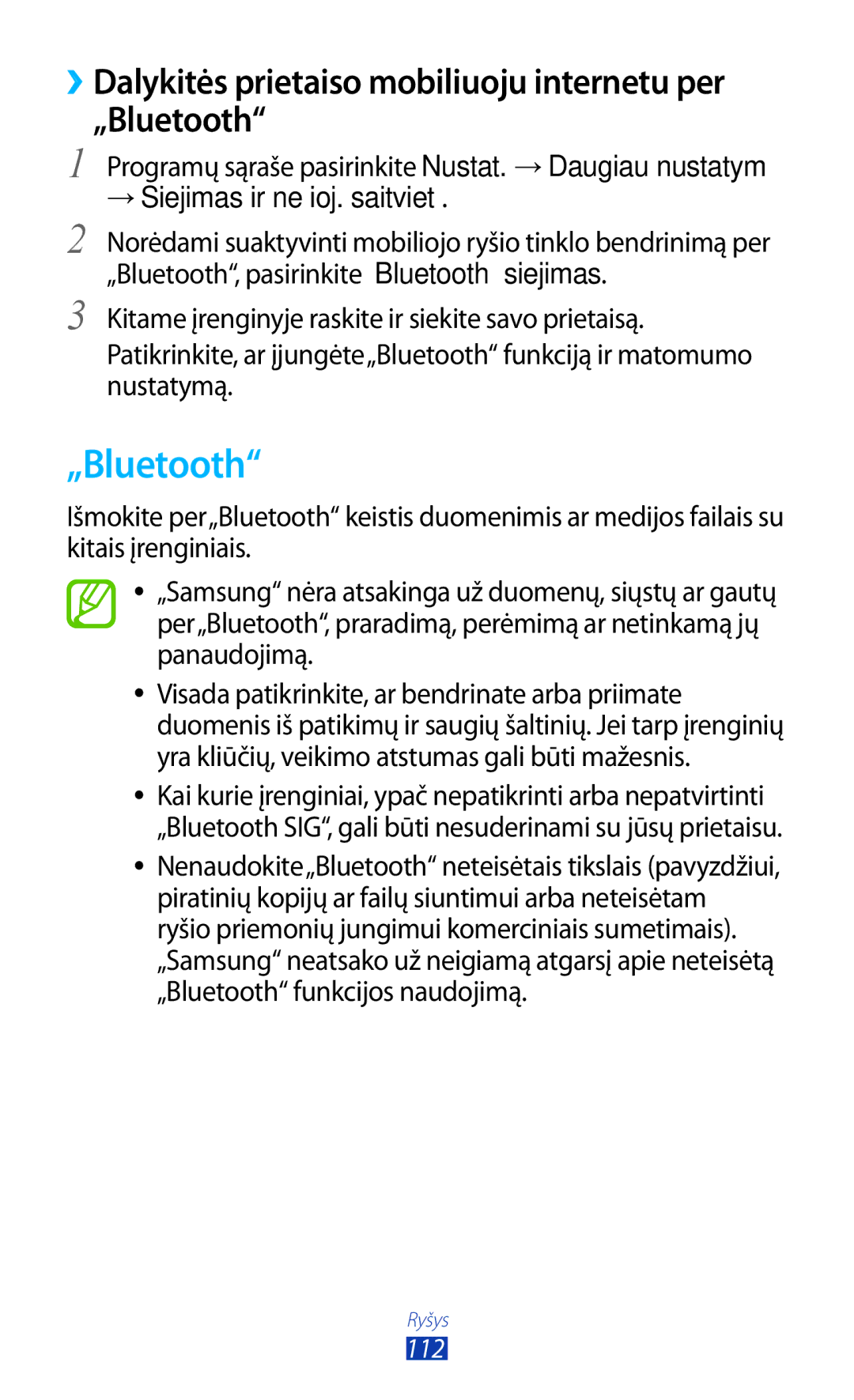 Samsung GT-P5100ZWASEB, GT-P5100TSASEB manual ››Dalykitės prietaiso mobiliuoju internetu per „Bluetooth 