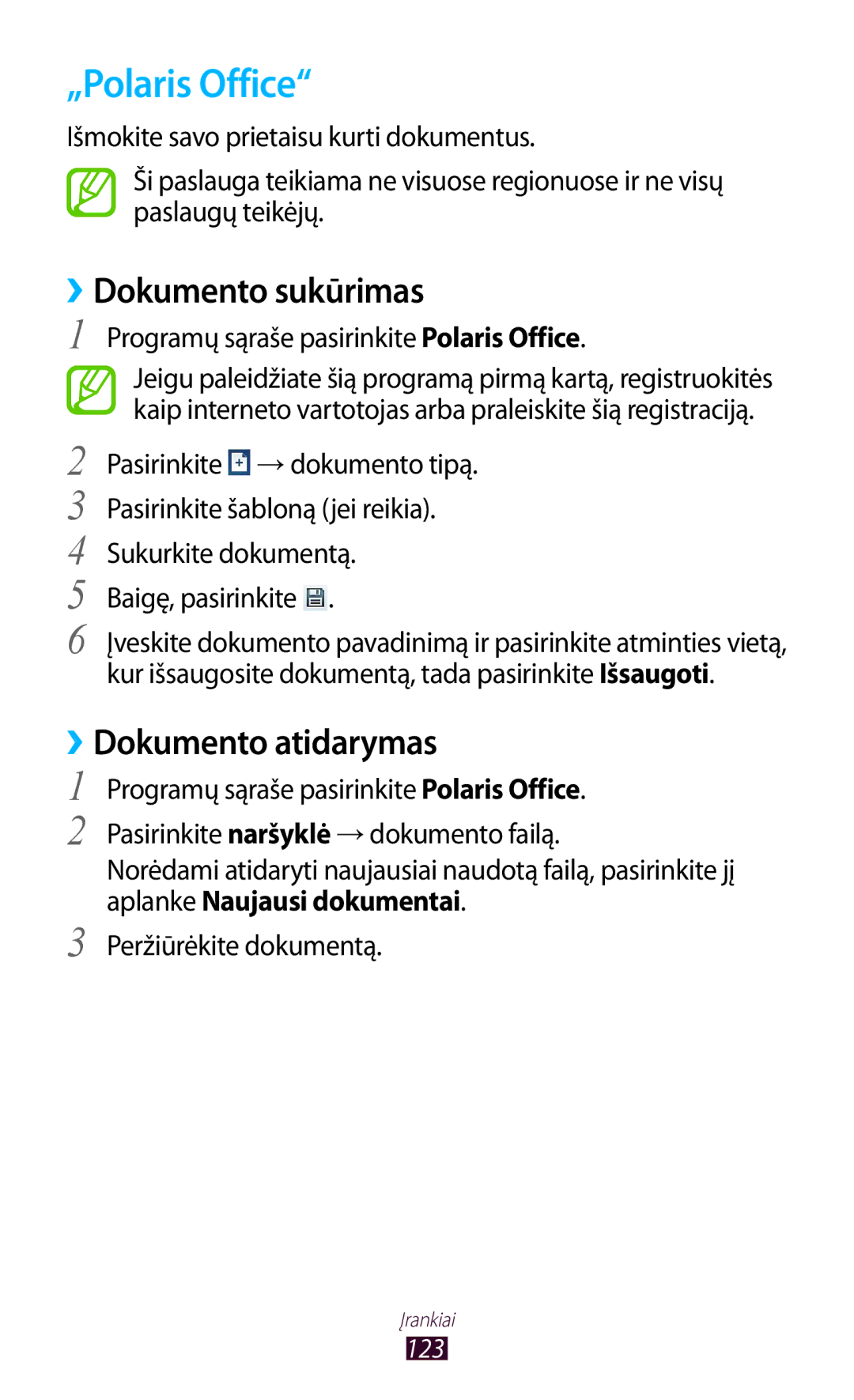 Samsung GT-P5100TSASEB, GT-P5100ZWASEB manual „Polaris Office, ››Dokumento sukūrimas, ››Dokumento atidarymas 