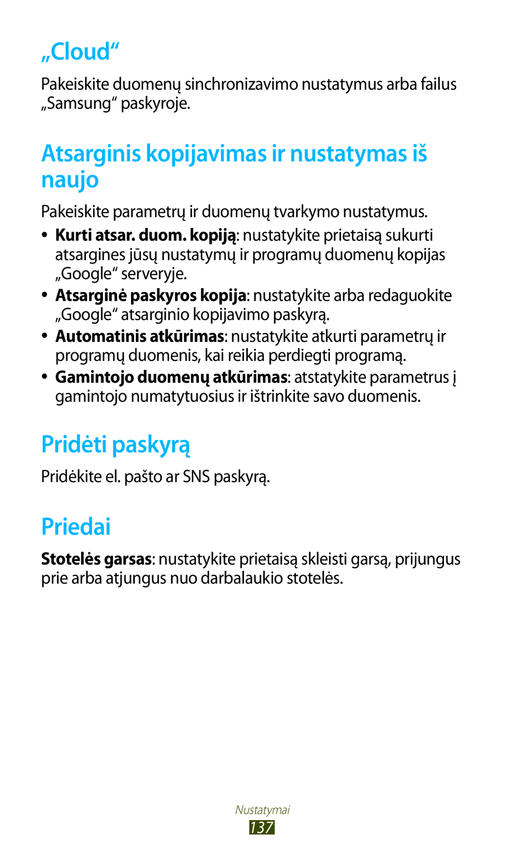 Samsung GT-P5100TSASEB, GT-P5100ZWASEB „Cloud, Atsarginis kopijavimas ir nustatymas iš naujo, Pridėti paskyrą, Priedai 