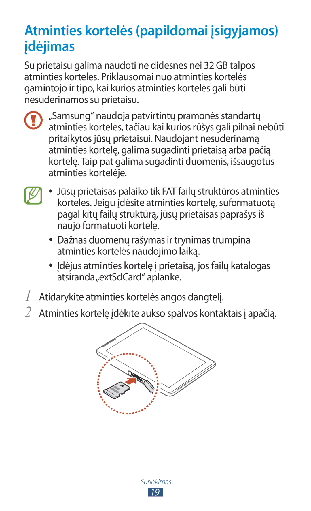 Samsung GT-P5100TSASEB, GT-P5100ZWASEB manual Atminties kortelės papildomai įsigyjamos įdėjimas 