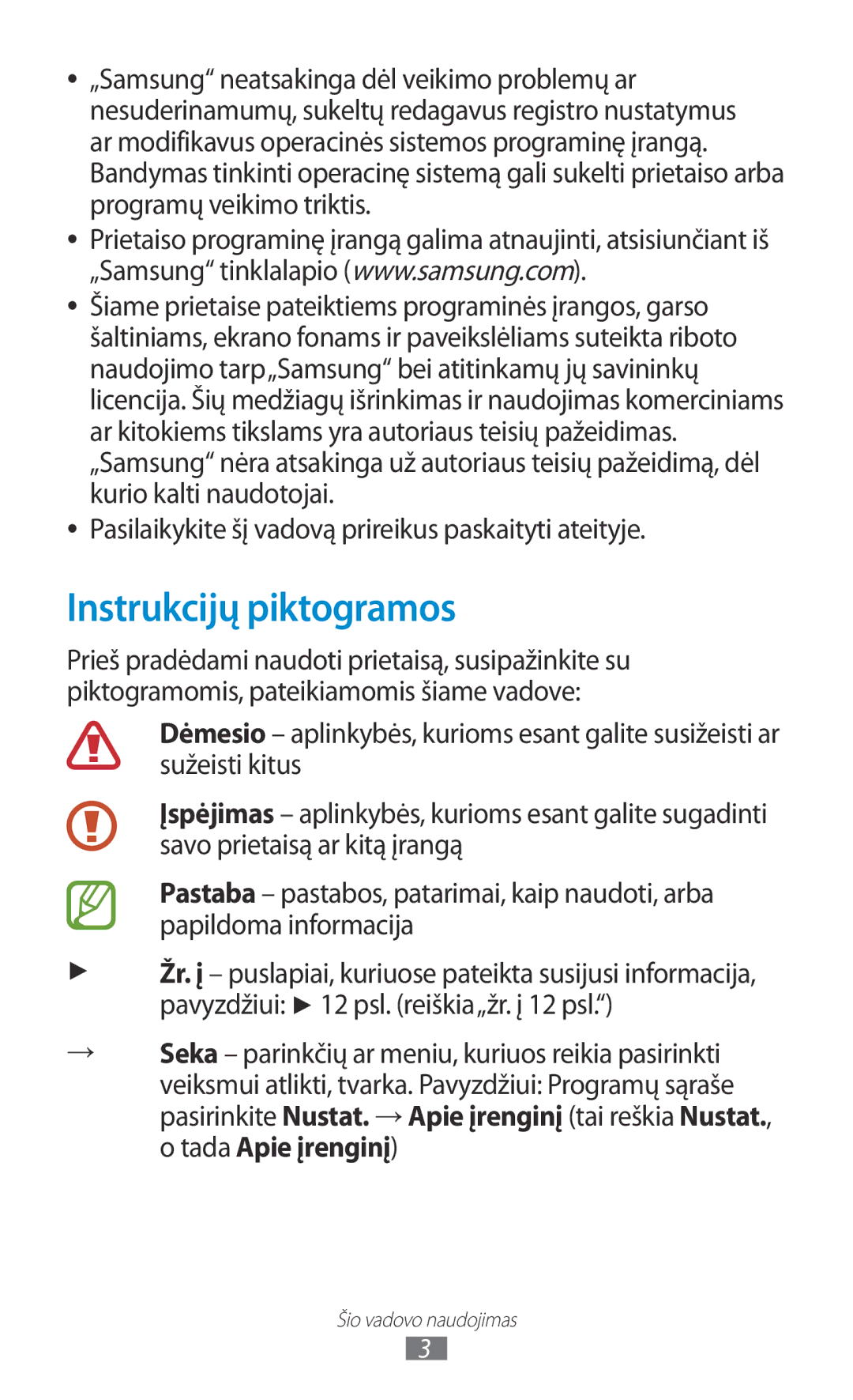 Samsung GT-P5100TSASEB, GT-P5100ZWASEB manual Instrukcijų piktogramos, Pasilaikykite šį vadovą prireikus paskaityti ateityje 