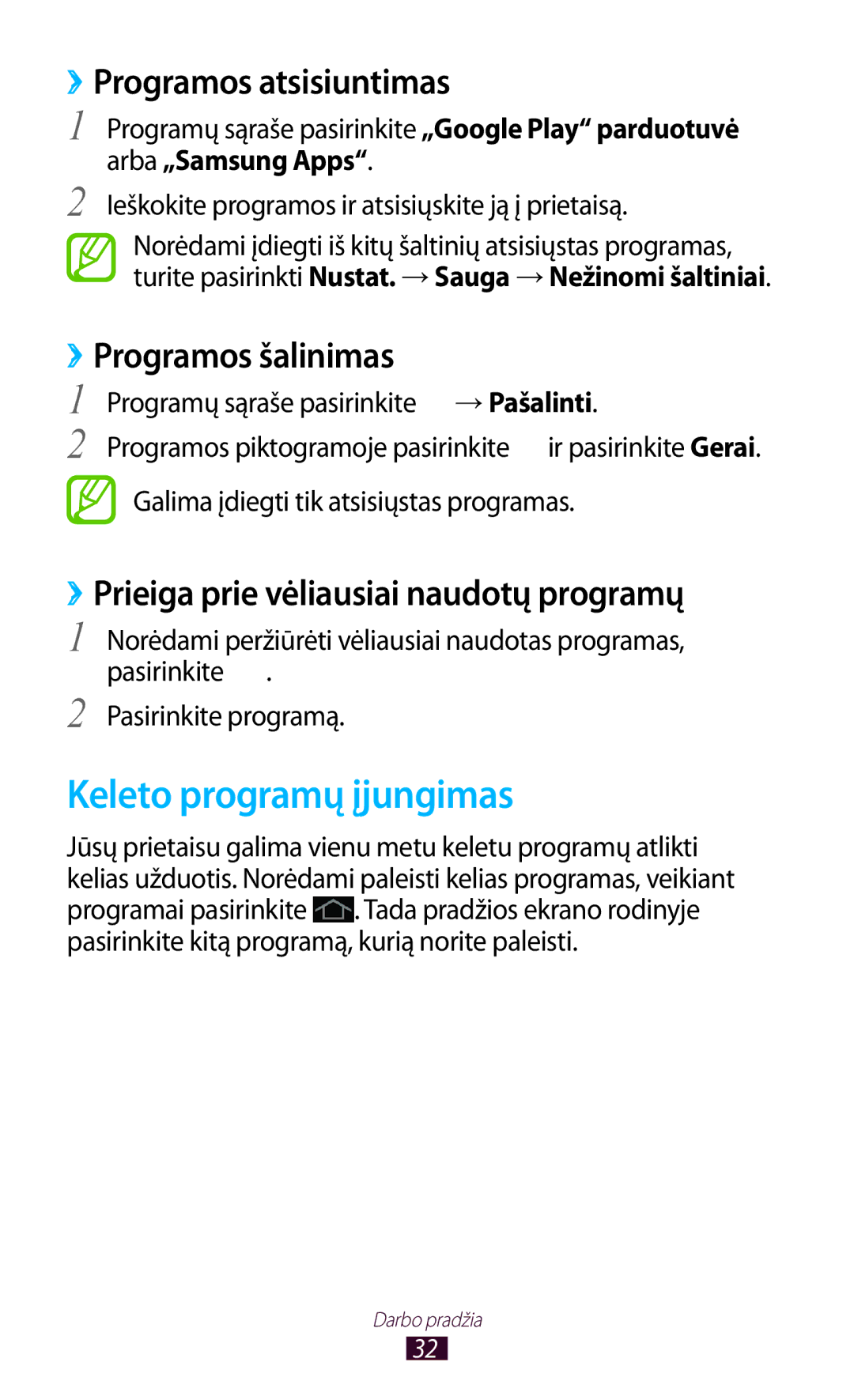 Samsung GT-P5100ZWASEB Keleto programų įjungimas, ››Programos atsisiuntimas, ››Programos šalinimas, Arba „Samsung Apps 