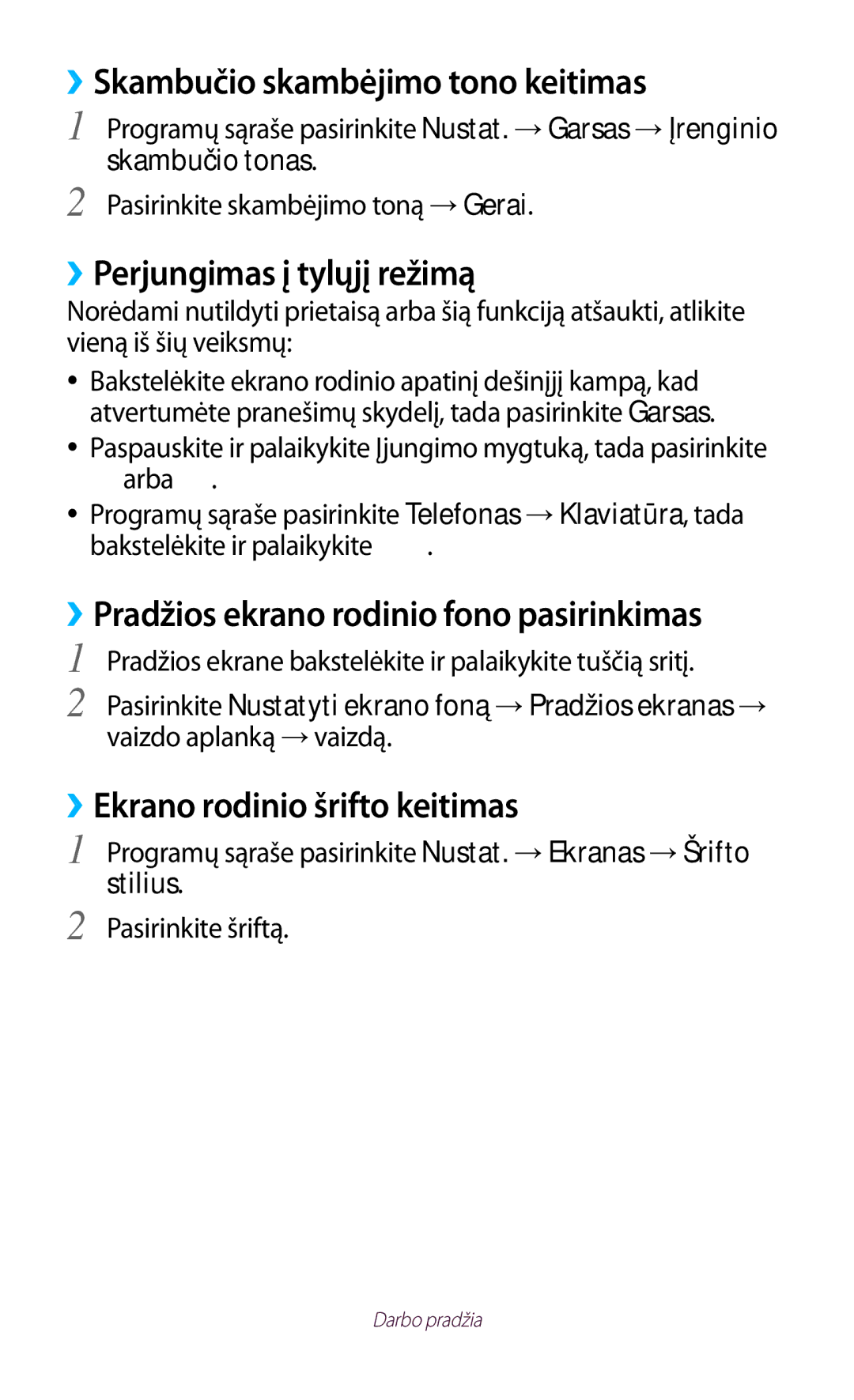 Samsung GT-P5100ZWASEB, GT-P5100TSASEB manual ››Skambučio skambėjimo tono keitimas, ››Perjungimas į tylųjį režimą 