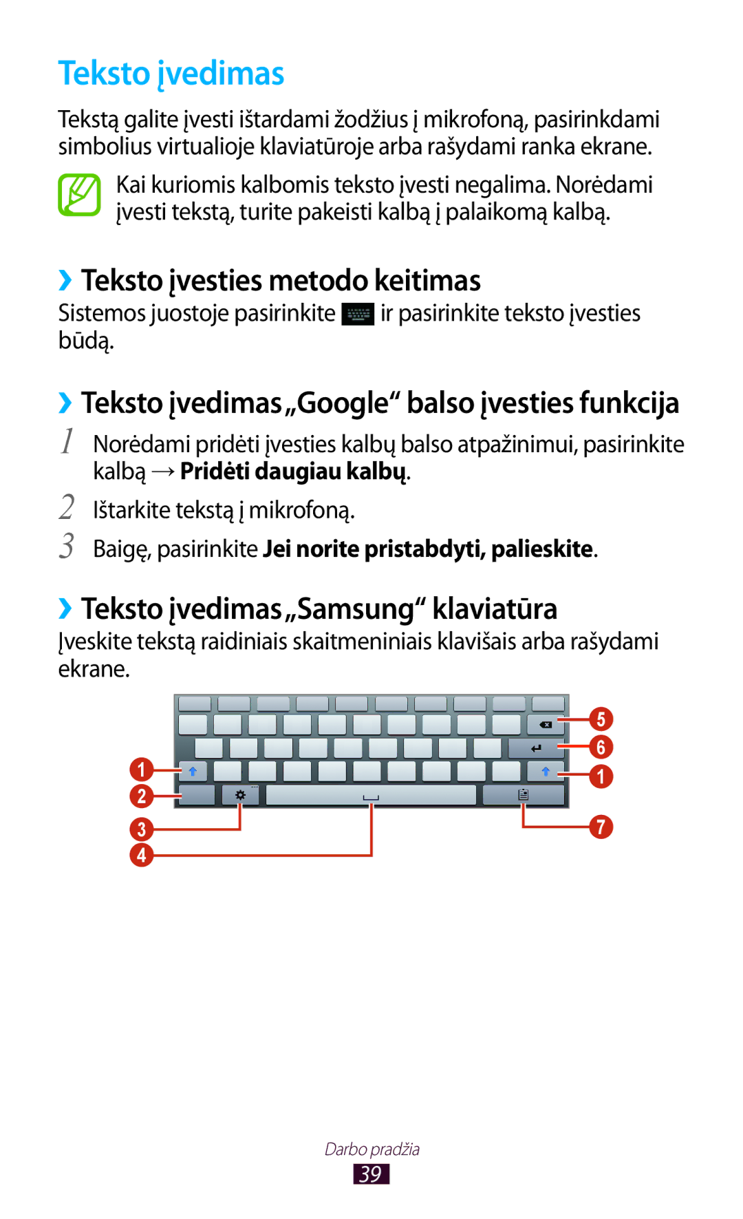 Samsung GT-P5100TSASEB, GT-P5100ZWASEB manual ››Teksto įvesties metodo keitimas, ››Teksto įvedimas„Samsung klaviatūra 