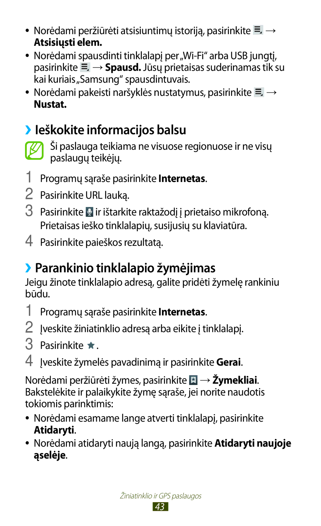 Samsung GT-P5100TSASEB manual ››Ieškokite informacijos balsu, ››Parankinio tinklalapio žymėjimas, Atsisiųsti elem, Nustat 