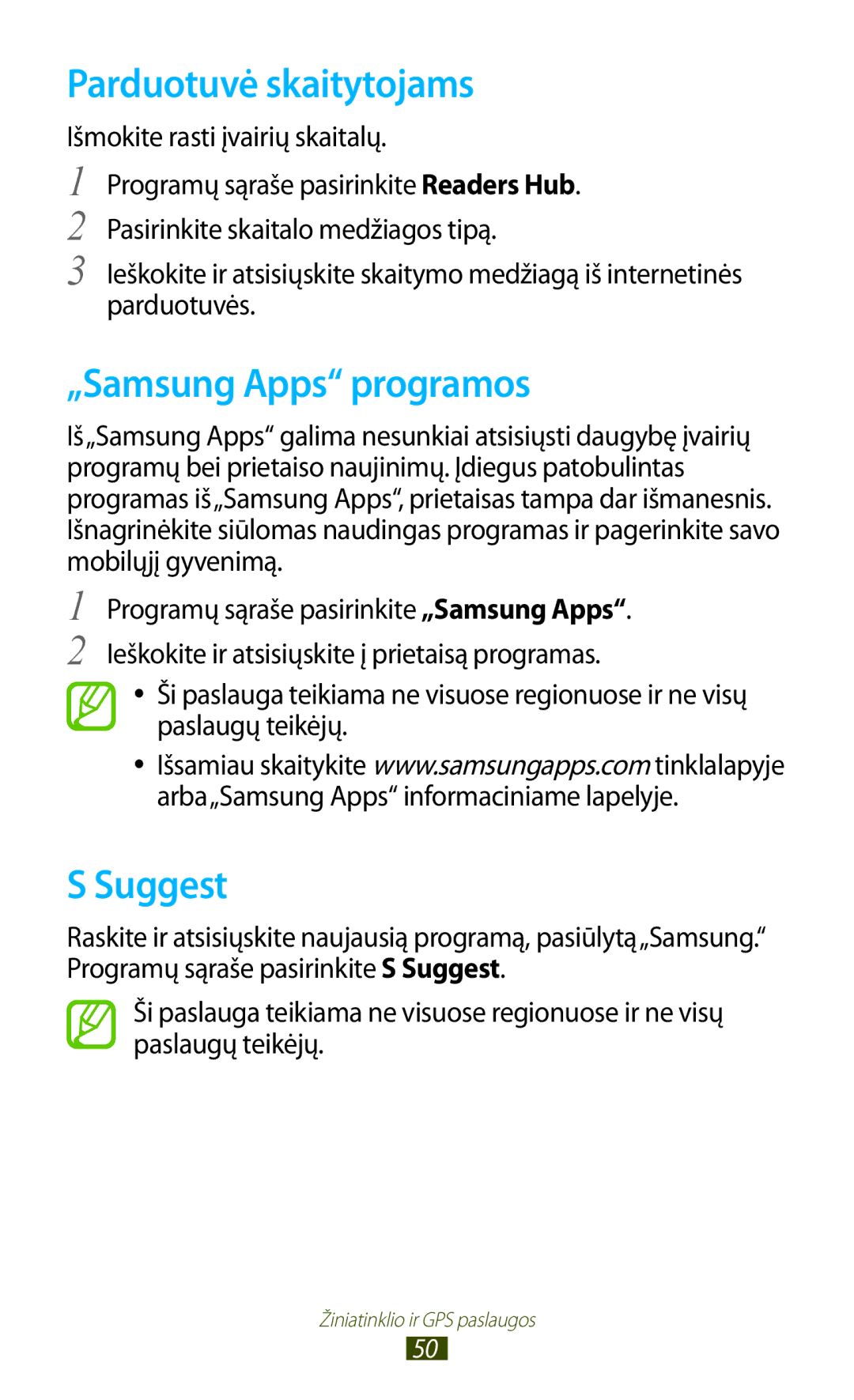 Samsung GT-P5100ZWASEB, GT-P5100TSASEB manual Parduotuvė skaitytojams, „Samsung Apps programos, Suggest 