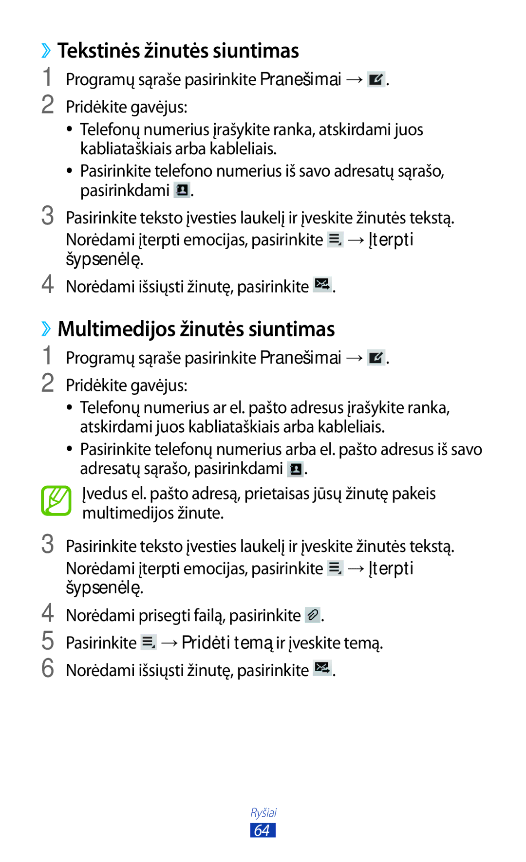 Samsung GT-P5100ZWASEB, GT-P5100TSASEB manual ››Tekstinės žinutės siuntimas, ››Multimedijos žinutės siuntimas 