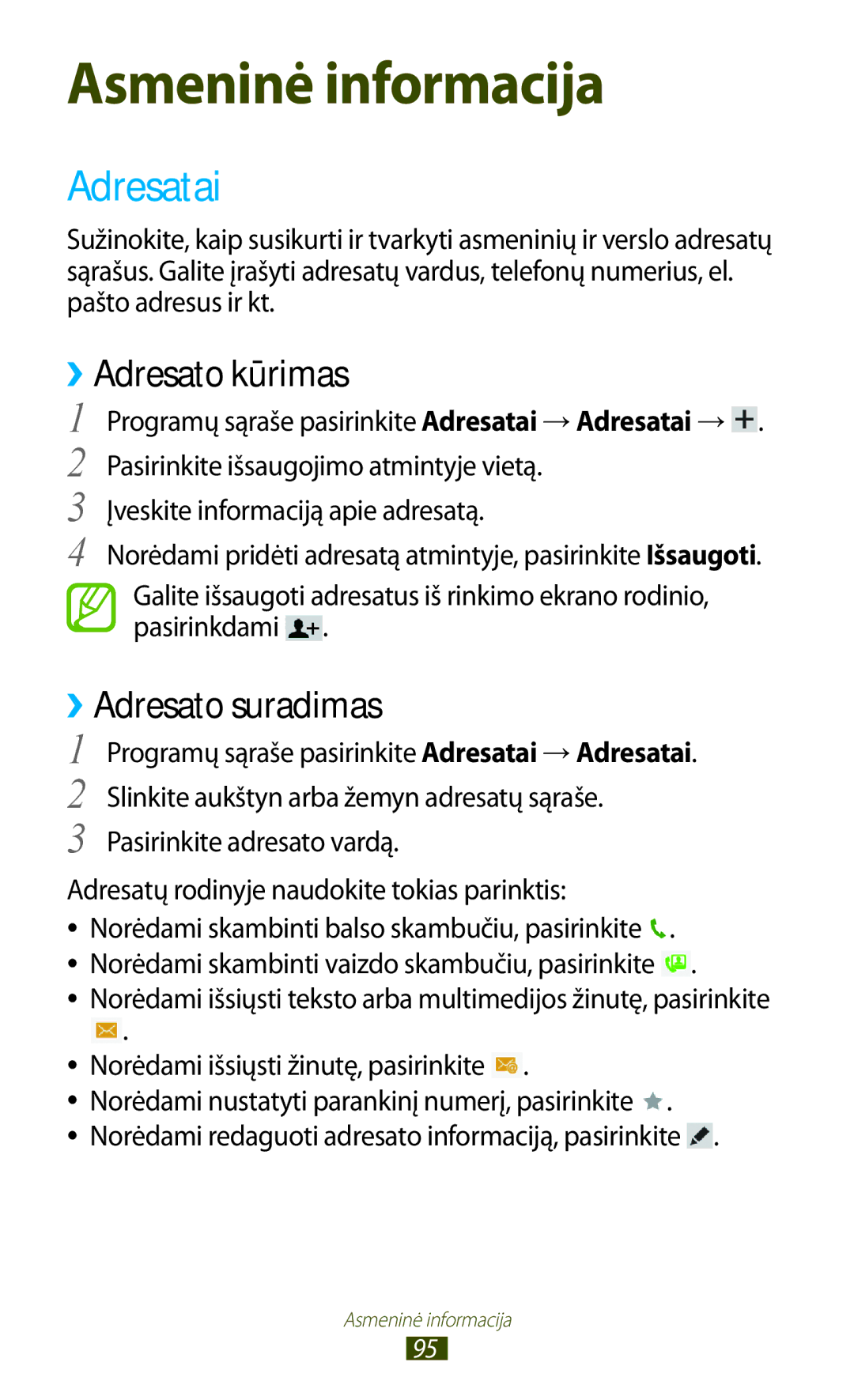 Samsung GT-P5100TSASEB, GT-P5100ZWASEB manual Adresatai, ››Adresato kūrimas, ››Adresato suradimas 