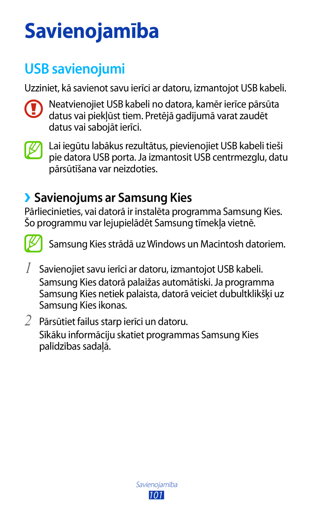 Samsung GT-P5100TSASEB, GT-P5100ZWASEB manual USB savienojumi, ››Savienojums ar Samsung Kies 