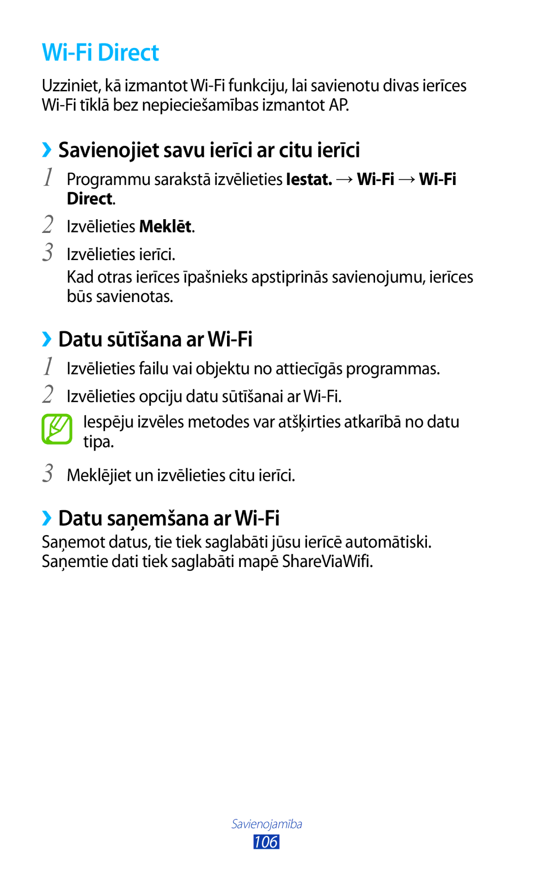 Samsung GT-P5100ZWASEB, GT-P5100TSASEB Wi-Fi Direct, ››Savienojiet savu ierīci ar citu ierīci, ››Datu sūtīšana ar Wi-Fi 