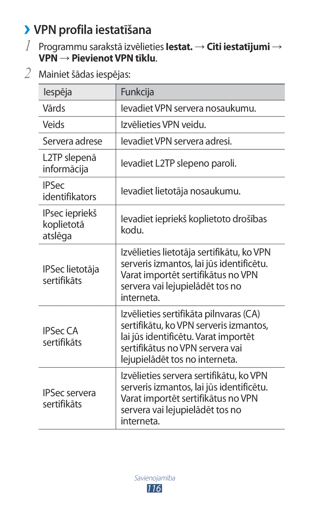 Samsung GT-P5100ZWASEB, GT-P5100TSASEB manual ››VPN profila iestatīšana, VPN →Pievienot VPN tīklu 