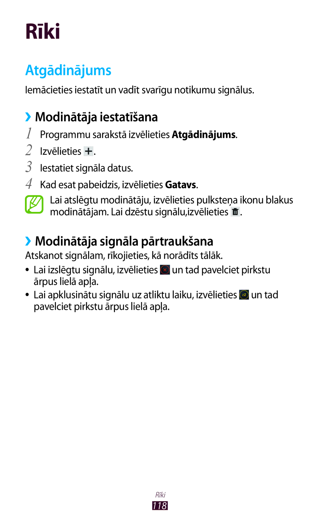 Samsung GT-P5100ZWASEB, GT-P5100TSASEB manual Atgādinājums, ››Modinātāja iestatīšana, ››Modinātāja signāla pārtraukšana 