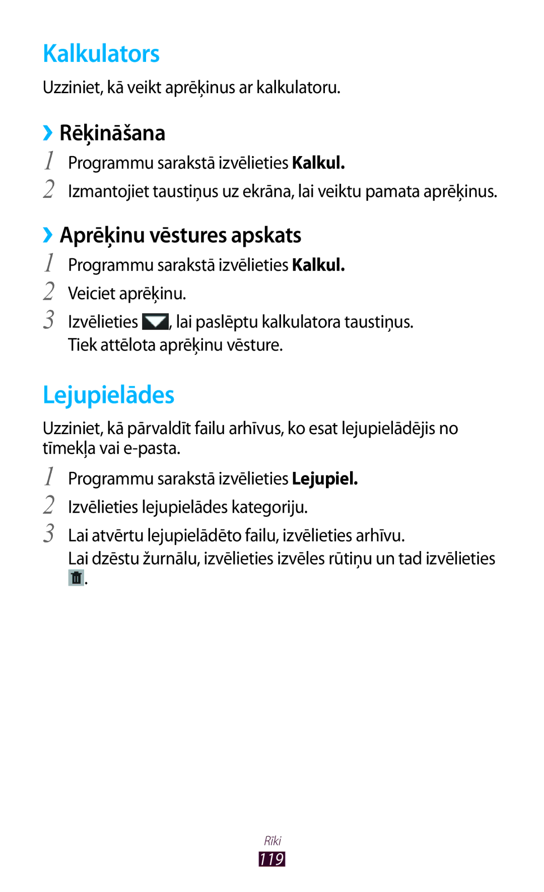 Samsung GT-P5100TSASEB, GT-P5100ZWASEB manual Kalkulators, Lejupielādes, ››Rēķināšana, ››Aprēķinu vēstures apskats 