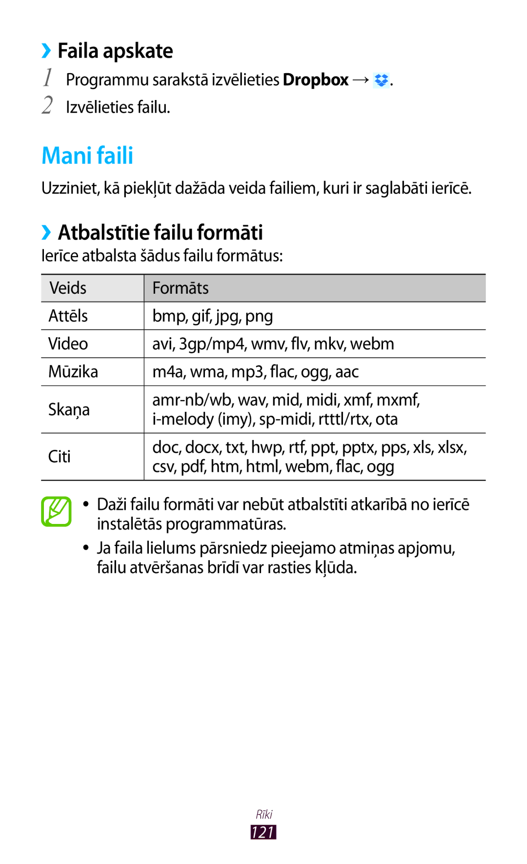 Samsung GT-P5100TSASEB, GT-P5100ZWASEB manual Mani faili, ››Faila apskate, ››Atbalstītie failu formāti 