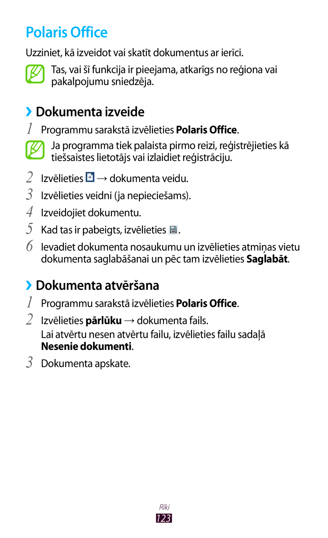 Samsung GT-P5100TSASEB manual Polaris Office, ››Dokumenta izveide, ››Dokumenta atvēršana, Kad tas ir pabeigts, izvēlieties 