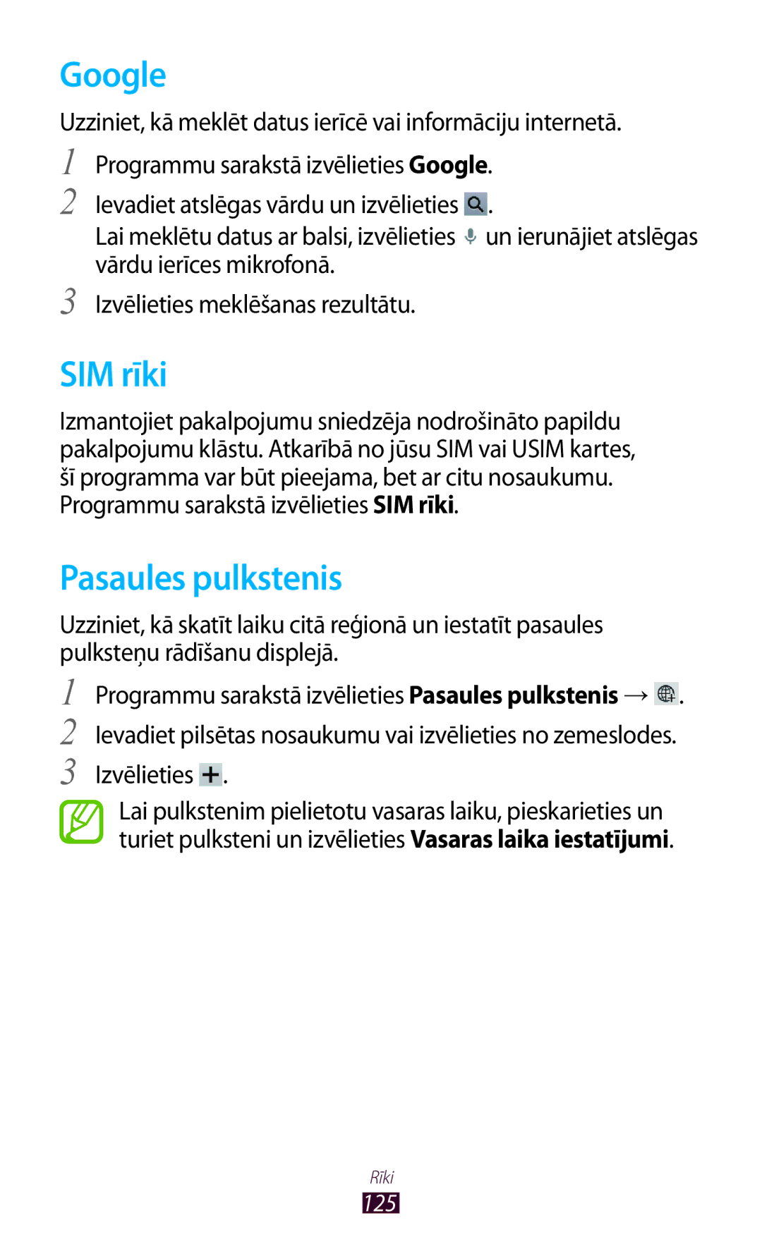 Samsung GT-P5100TSASEB, GT-P5100ZWASEB manual Google, SIM rīki, Pasaules pulkstenis 