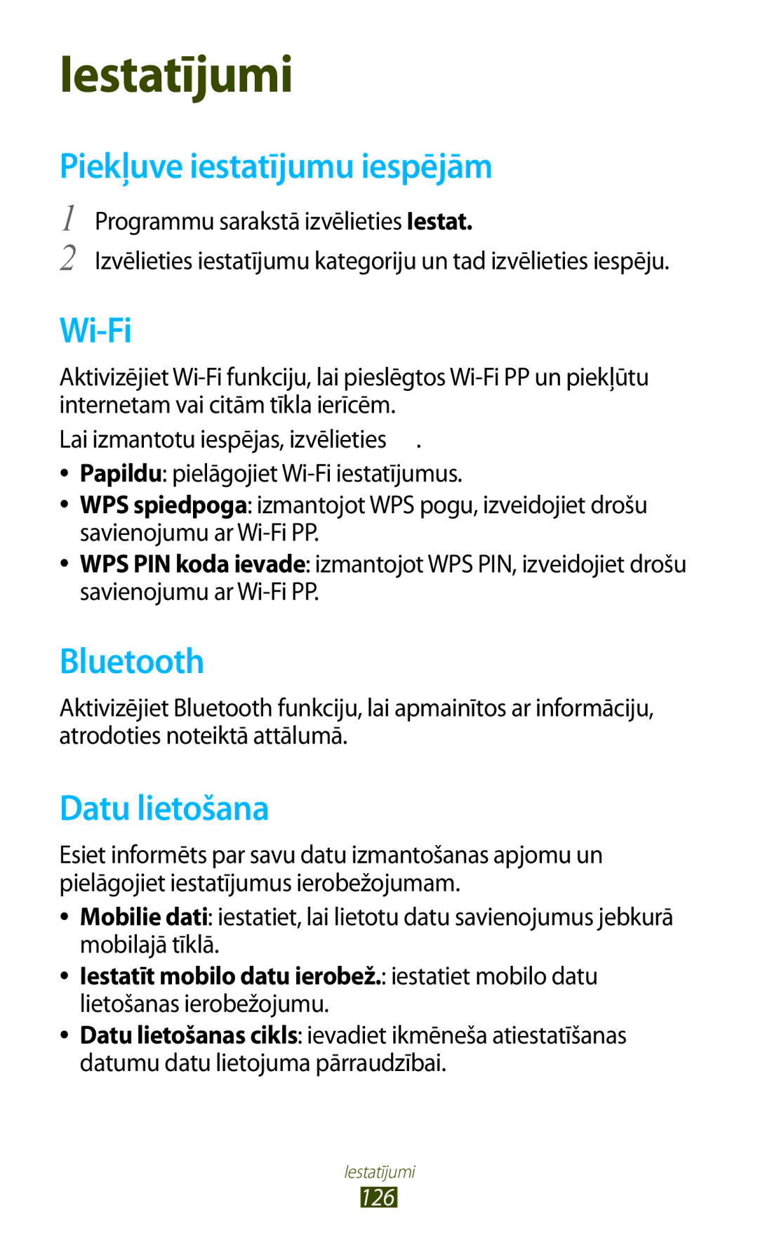 Samsung GT-P5100ZWASEB, GT-P5100TSASEB manual Piekļuve iestatījumu iespējām, Datu lietošana 