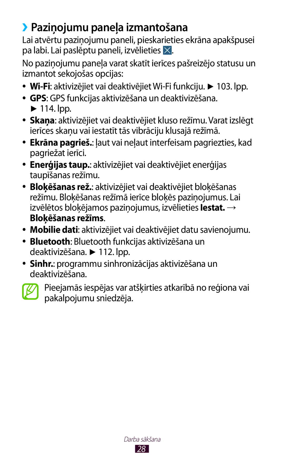 Samsung GT-P5100ZWASEB manual ››Paziņojumu paneļa izmantošana, GPS GPS funkcijas aktivizēšana un deaktivizēšana Lpp 