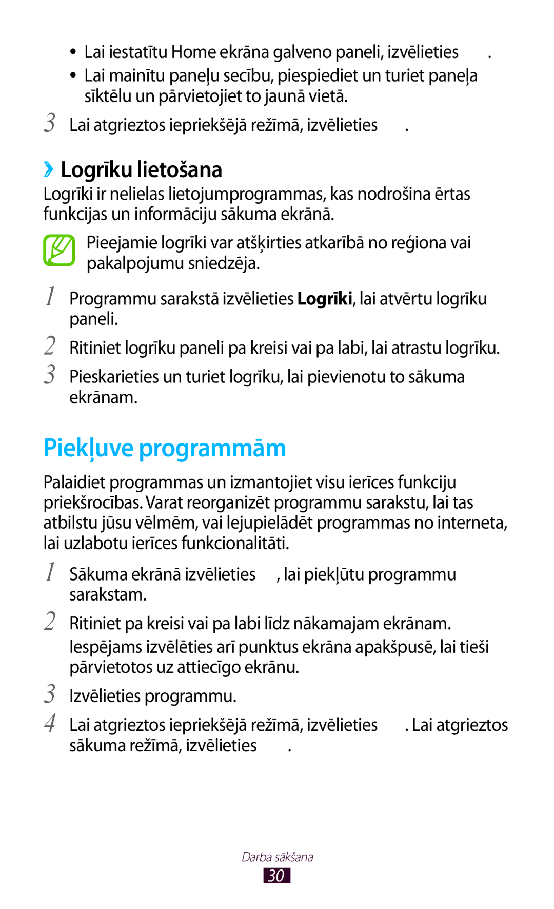 Samsung GT-P5100ZWASEB, GT-P5100TSASEB manual Piekļuve programmām, ››Logrīku lietošana 