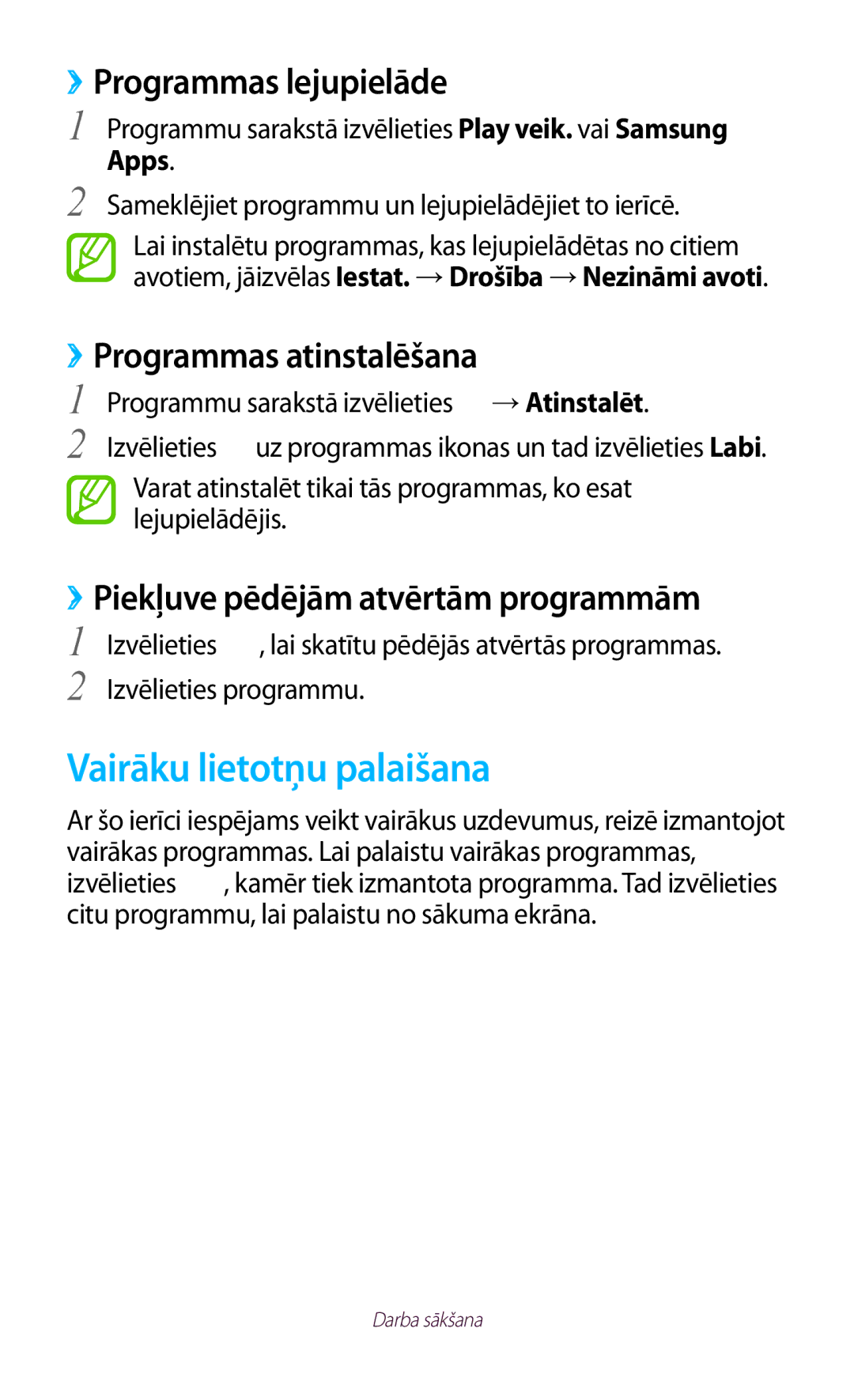 Samsung GT-P5100ZWASEB manual Vairāku lietotņu palaišana, ››Programmas lejupielāde, ››Programmas atinstalēšana, Apps 