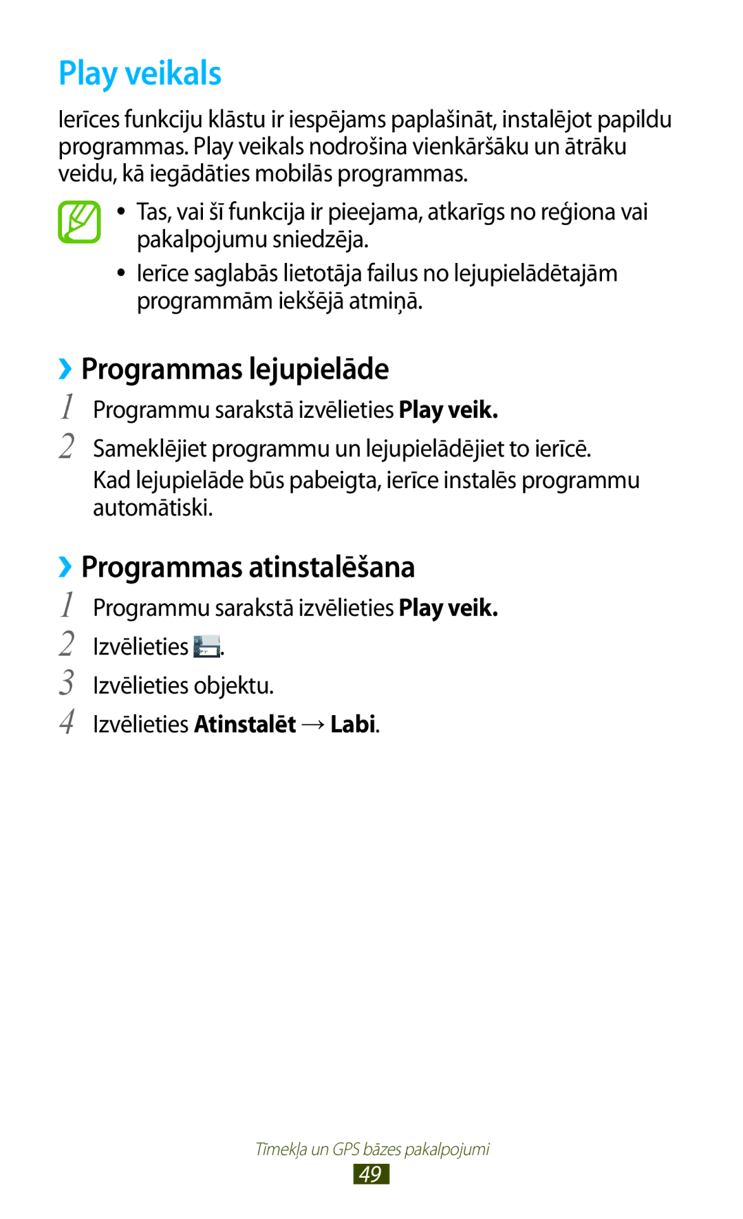 Samsung GT-P5100TSASEB, GT-P5100ZWASEB manual Play veikals, Izvēlieties Atinstalēt →Labi 