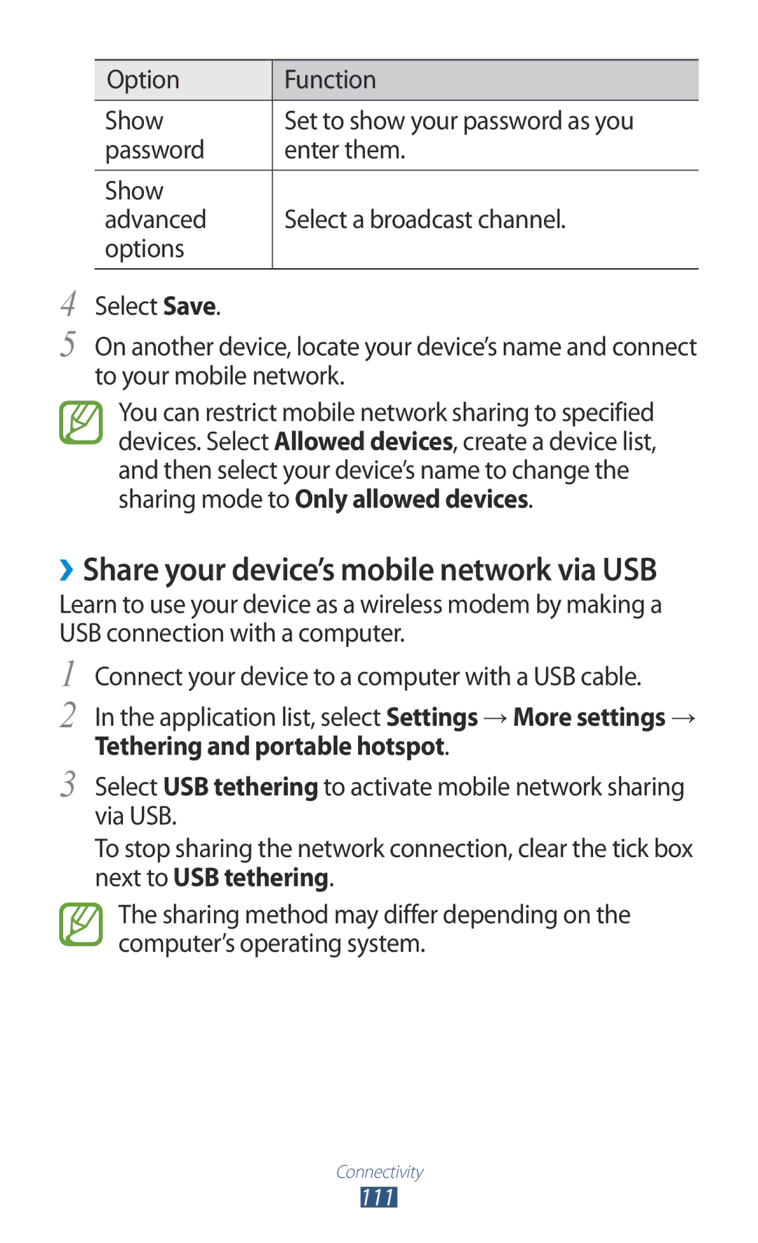 Samsung GT-P5100ZWADBT, GT-P5100ZWEATO manual ››Share your device’s mobile network via USB, Tethering and portable hotspot 