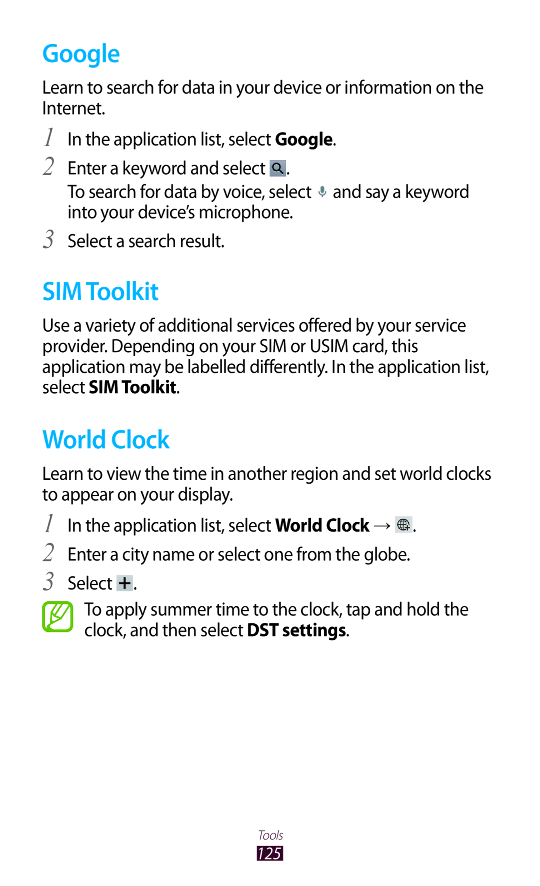 Samsung GT-P5100ZWASFR, GT-P5100ZWEATO, GT-P5100ZWAVD2, GT-P5100TSEAUT, GT-P5100TSATMN manual Google, SIM Toolkit, World Clock 