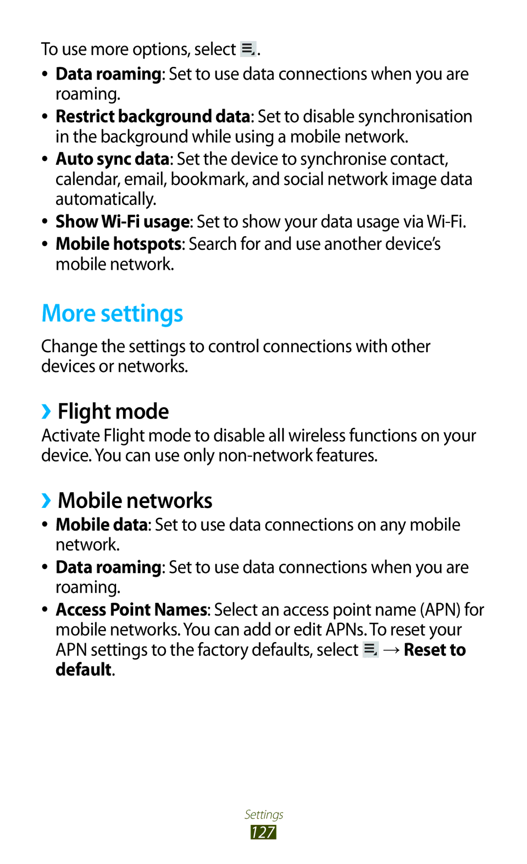 Samsung GT-P5100ZWEXEF, GT-P5100ZWEATO, GT-P5100ZWAVD2, GT-P5100TSEAUT manual More settings, ››Flight mode, ››Mobile networks 