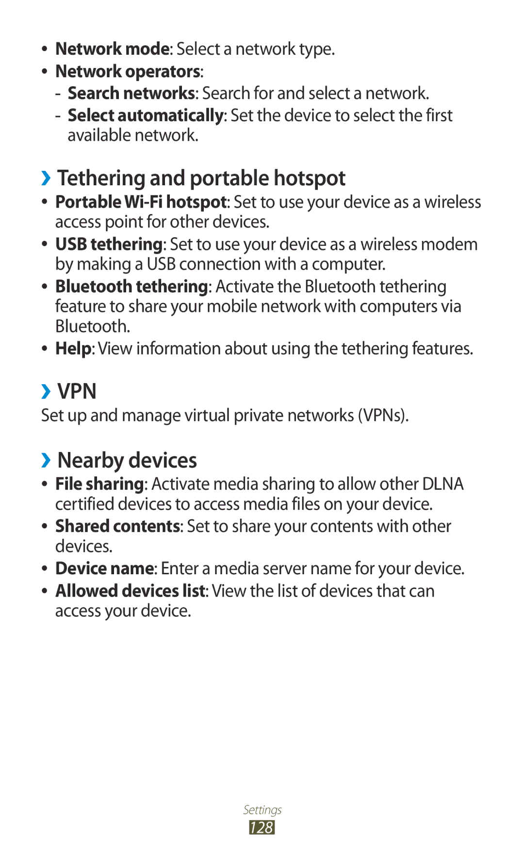 Samsung GT-P5100ZWAHUI manual ››Tethering and portable hotspot, ››Nearby devices, Network mode Select a network type 