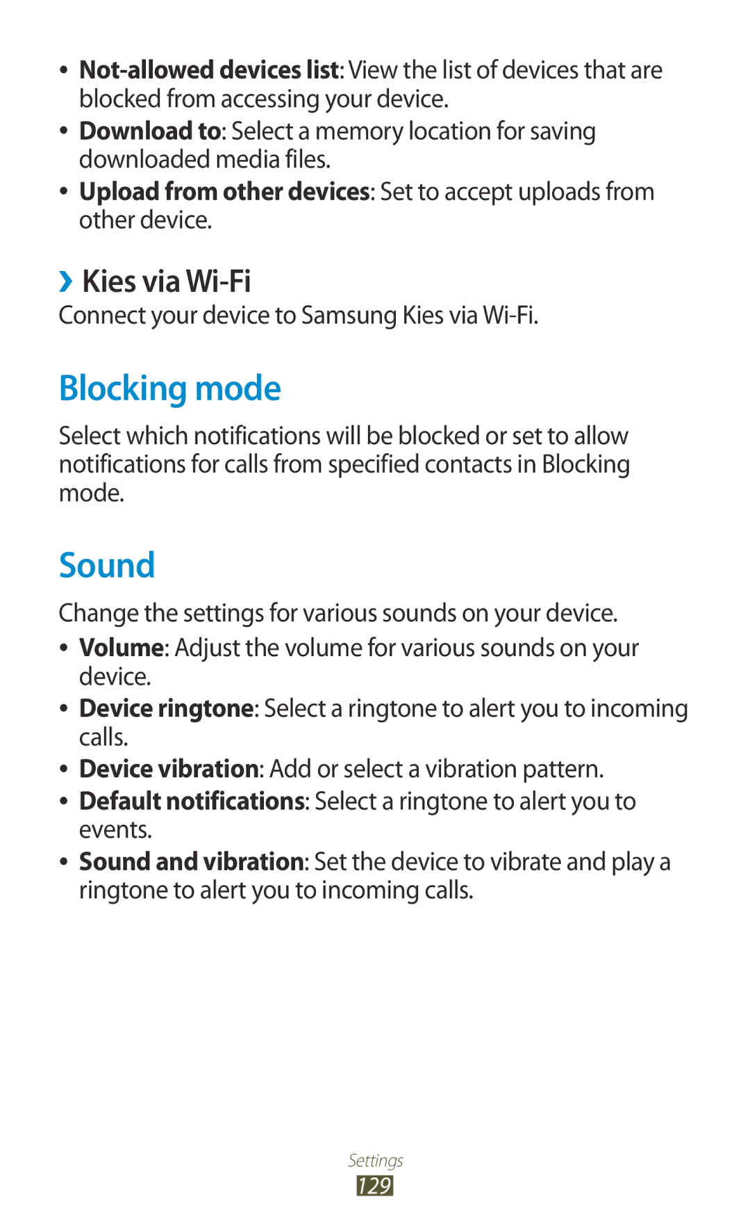 Samsung GT-P5100TSATIM manual Blocking mode, Sound, ››Kies via Wi-Fi, Connect your device to Samsung Kies via Wi-Fi 