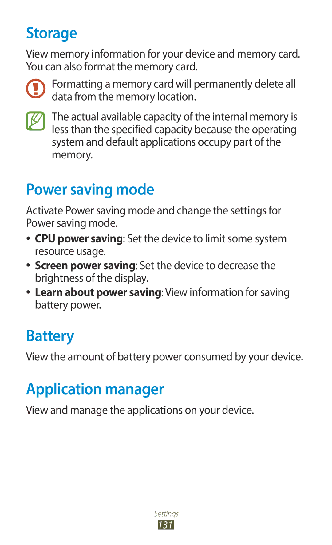 Samsung GT-P5100ZWATIM, GT-P5100ZWEATO, GT-P5100ZWAVD2 manual Storage, Power saving mode, Battery, Application manager 