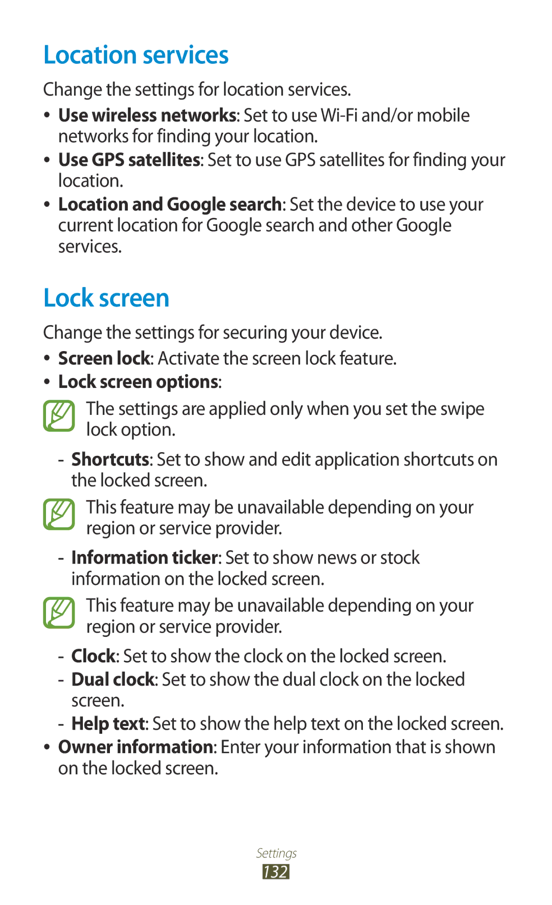 Samsung GT-P5100ZWAOMN Location services, Lock screen, Change the settings for location services, On the locked screen 