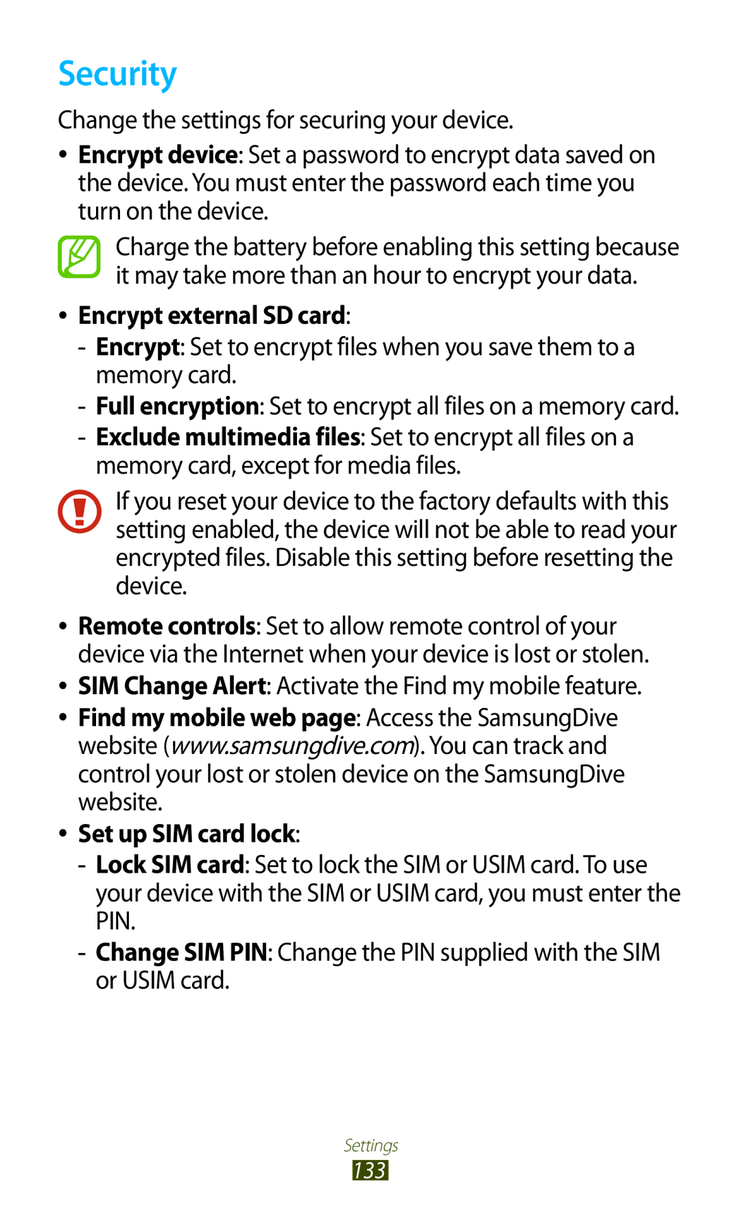 Samsung GT-P5100TSAWIN manual Security, Encrypt external SD card, SIM Change Alert Activate the Find my mobile feature 