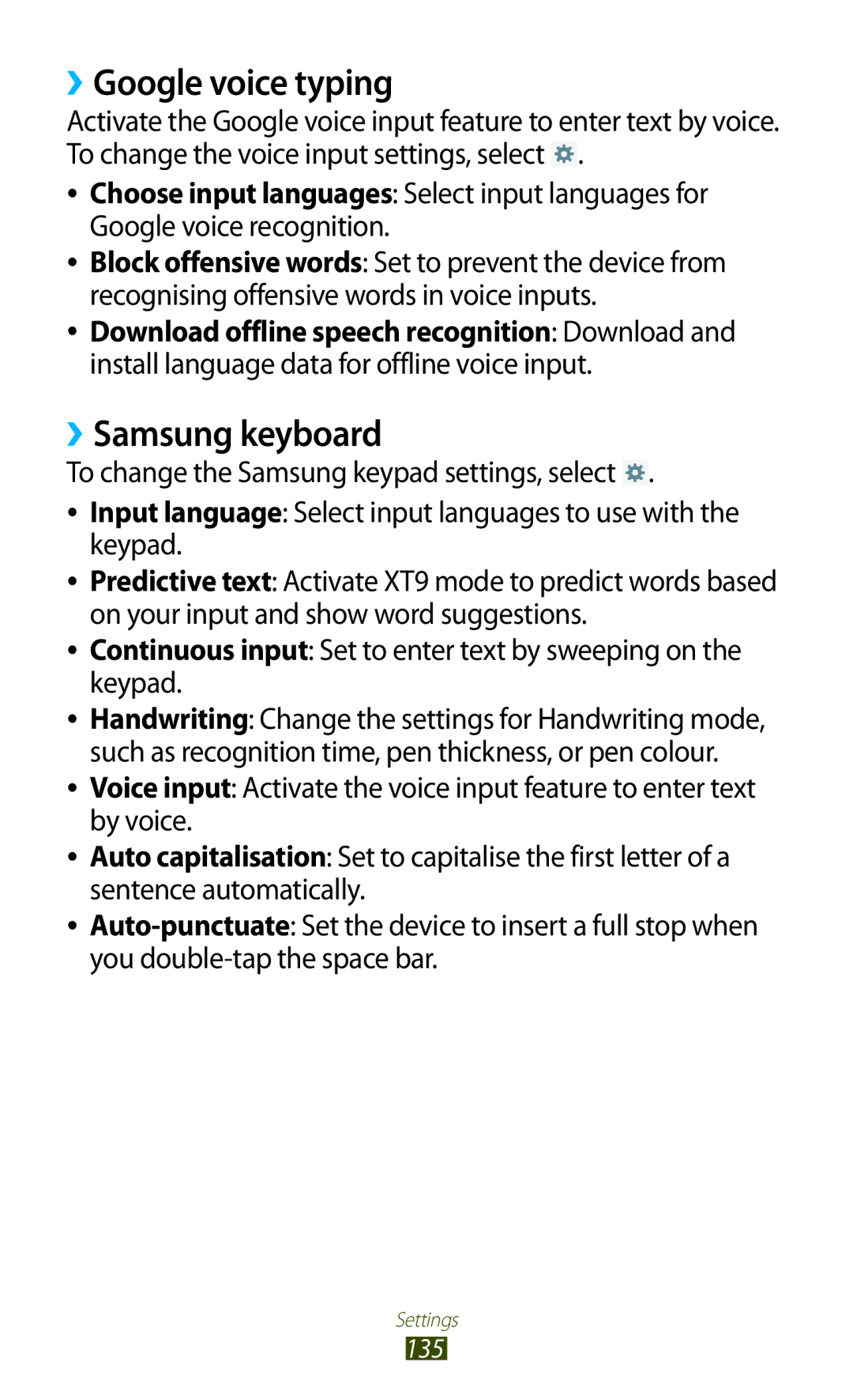 Samsung GT-P5100TSAAMN, GT-P5100ZWEATO, GT-P5100ZWAVD2, GT-P5100TSEAUT manual ››Google voice typing, ››Samsung keyboard 