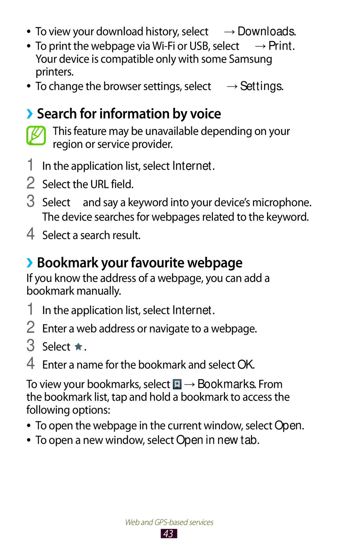 Samsung GT-P5100TSEPHE manual ››Search for information by voice, ››Bookmark your favourite webpage, Select a search result 