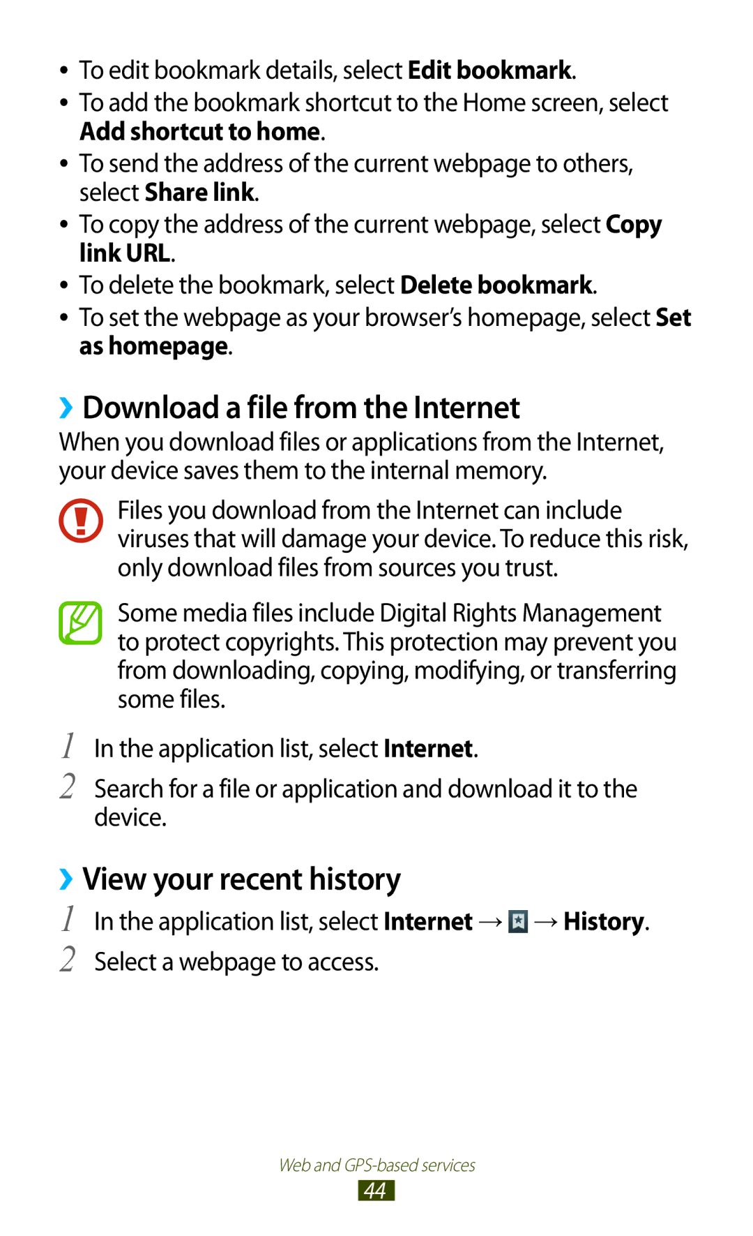 Samsung GT-P5100TSAFWD, GT-P5100ZWEATO, GT-P5100ZWAVD2 manual ››Download a file from the Internet, ››View your recent history 