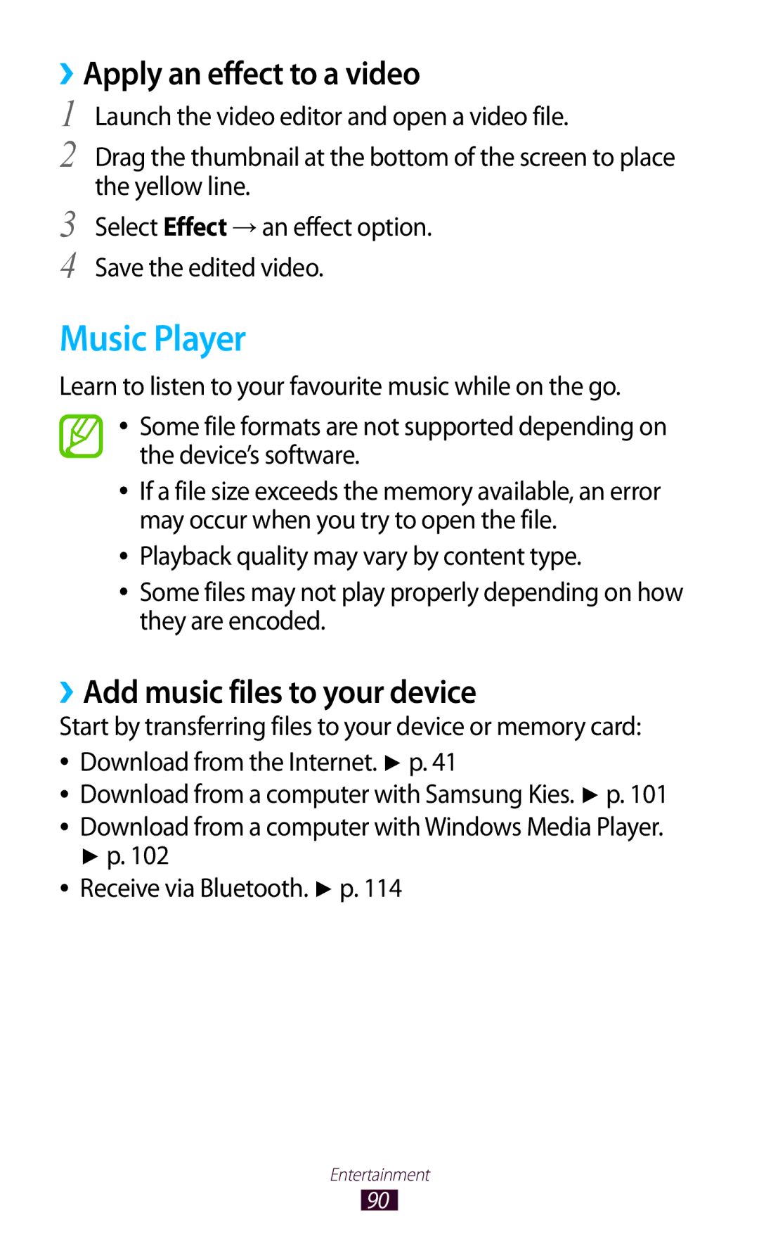 Samsung GT-P5100TSVSER, GT-P5100ZWEATO manual Music Player, ››Apply an effect to a video, ››Add music files to your device 