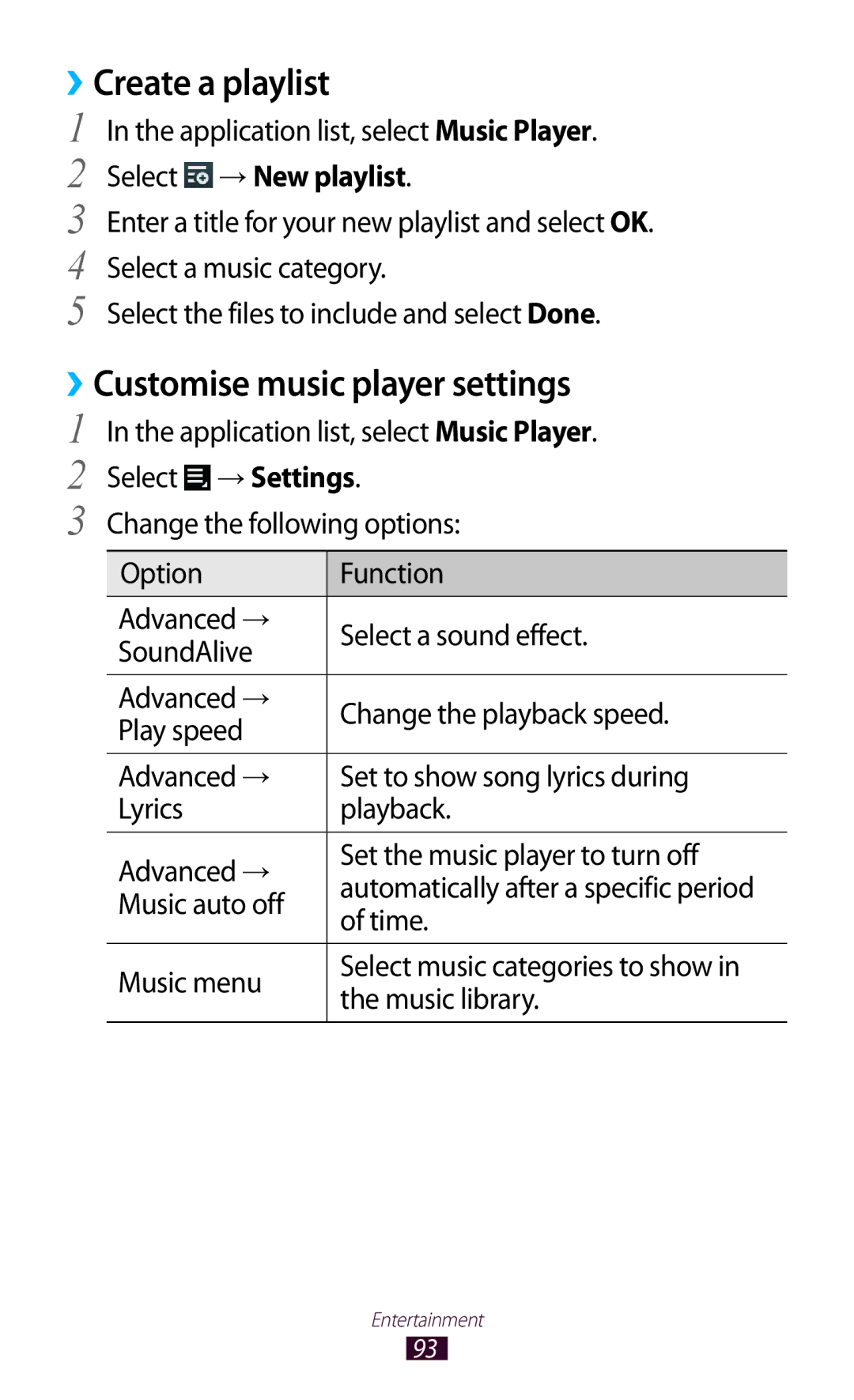 Samsung GT-P5100ZWVSER, GT-P5100ZWEATO manual ››Create a playlist, ››Customise music player settings, Select → New playlist 